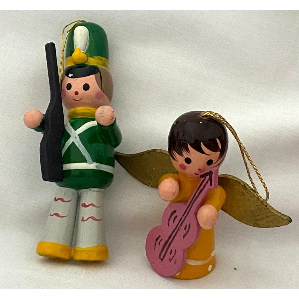 Vintage Painted Wooden Christmas Ornaments ~Rocking Horse Angel Santa Sleigh